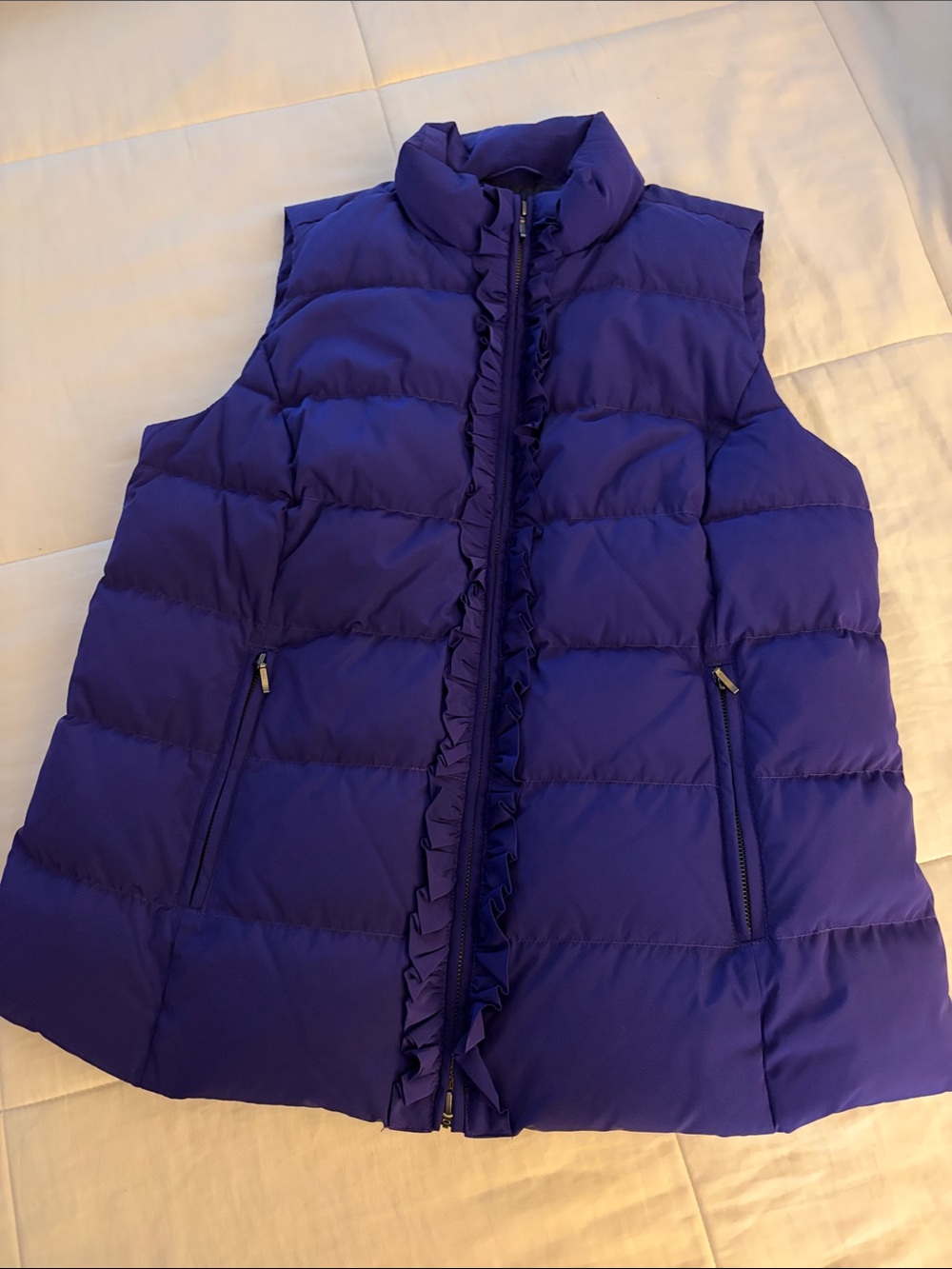 Talbots The Puffer Ruffle Front Vest Women Royal Purple Warm Down Filled Size X